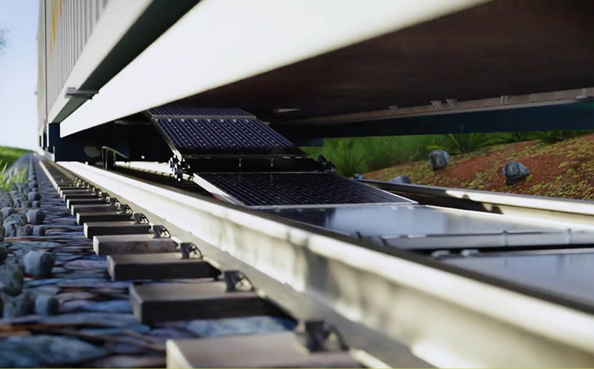 Solar panels between the tracks.