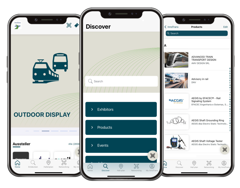 Three smartphone screens with open pages of the InnoTrans app